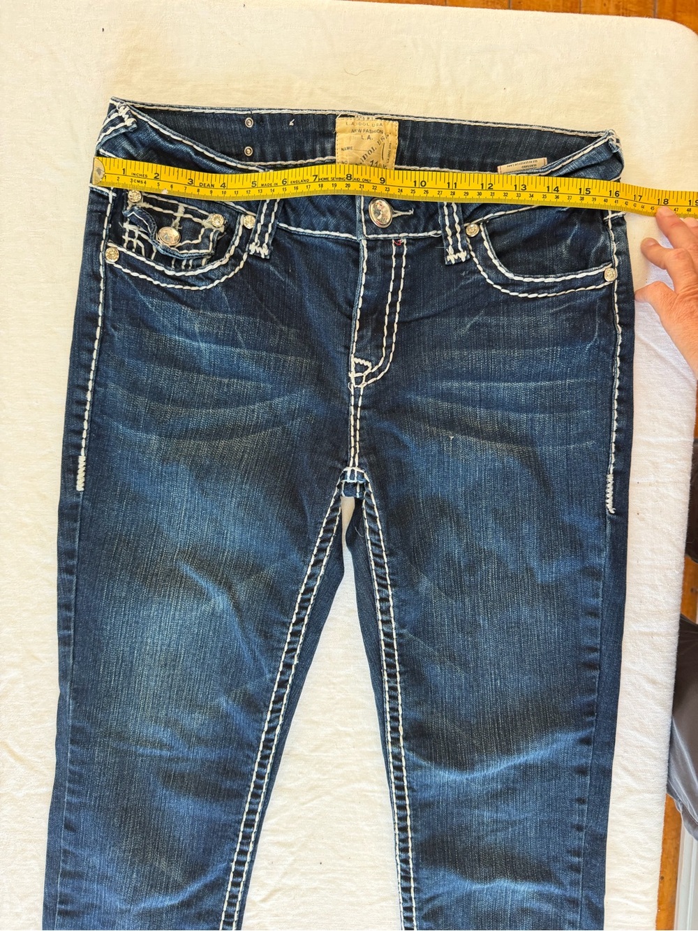 Women’s La Idol USA Dark Wash Rhinestone Embroidered Denim Jeans Size 11 33x31 - Picture 9 of 13
